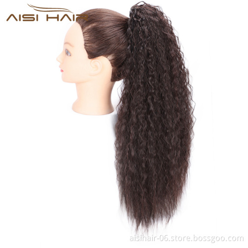Aisi Hair High Temperature Fiber Drawstring Ponytail Hair Extensions Brown Long Wavy Synthetic Pony Tail Hairpieces